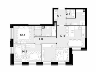 Планировка трехкомнатной(квартира) площадью 77.3 квадратных метров в ЖК “ЖК Трилогия Кристалл”