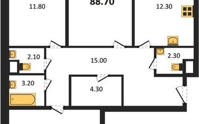 Планировка трехкомнатной(квартира) площадью 88.7 квадратных метров в ЖК “ЖК Римский”