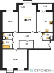 Планировка трехкомнатной(квартира) площадью 88.7 квадратных метров в “ЖК Римский”