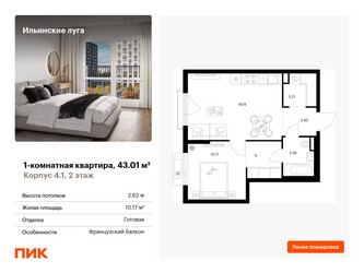 Планировка однокомнатной(квартира) площадью 43.01 квадратных метров в ЖК “ЖК Ильинские луга”