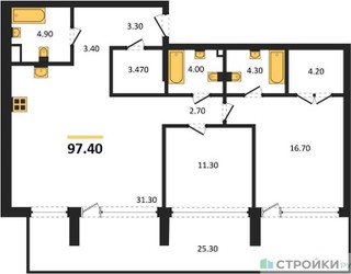 Планировка двухкомнатной(квартира) площадью 97.4 квадратных метров в ЖК “ЖК СТОУН Райз”