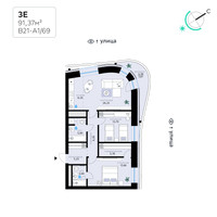 Планировка трехкомнатной(квартира) площадью 91.37 квадратных метров в “СберСити в Рублево-Архангельском”