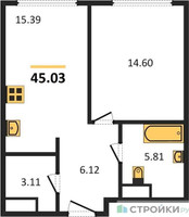 Планировка однокомнатной(квартира) площадью 44.88 квадратных метров в “ЖК 1-й Нагатинский (Первый Нагатинский)”