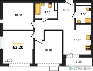 Планировка трехкомнатной(квартира) площадью 63.2 квадратных метров в ЖК “ЖК Южные сады”