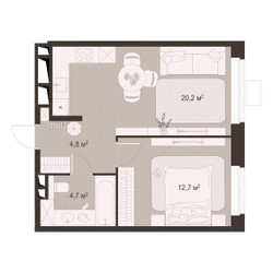 Планировка однокомнатной(квартира) площадью 42.4 квадратных метров в ЖК “ЖК Гранд Комфорт”