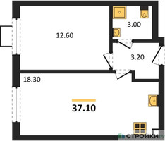 Планировка однокомнатной(квартира) площадью 37.1 квадратных метров в “ЖК Лучи-2”