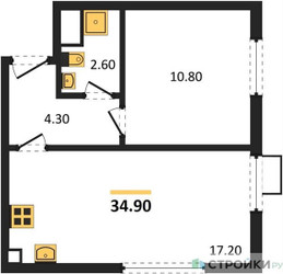 Планировка однокомнатной(квартира) площадью 34.9 квадратных метров в ЖК “ЖК Лучи”
