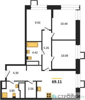 Планировка трехкомнатной(квартира) площадью 69.11 квадратных метров в “ЖК Апарт-отель Тропарево парк”