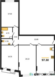 Планировка трехкомнатной(квартира) площадью 97.3 квадратных метров в ЖК “ЖК Эльйон”