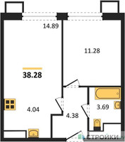 Планировка однокомнатной(квартира) площадью 38.28 квадратных метров в “ЖК Квартал Румянцево (МелиСад)”