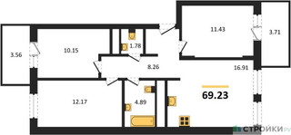 Планировка трехкомнатной(квартира) площадью 69.23 квадратных метров в “ЖК ВОСТОК II”