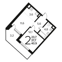 Планировка двухкомнатной(квартира) площадью 40.9 квадратных метров в “Новые Ватутинки. Заречный”