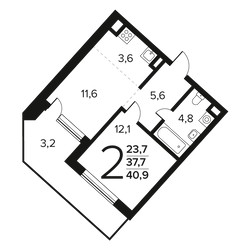 Планировка двухкомнатной(квартира) площадью 40.9 квадратных метров в ЖК “Новые Ватутинки. Заречный”