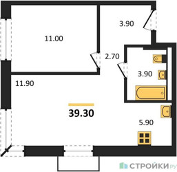 Планировка однокомнатной(квартира) площадью 39.3 квадратных метров в ЖК “ЖК Квартал Западный”