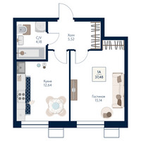 Планировка однокомнатной(квартира) площадью 37.48 квадратных метров в “ЖК Бархат”