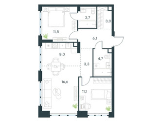 Планировка трехкомнатной(квартира) площадью 68.3 квадратных метров в ЖК “ЖК Level Южнопортовая”