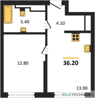 Планировка однокомнатной(квартира) площадью 36.2 квадратных метров в “ЖК Символ”