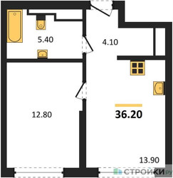 Планировка однокомнатной(квартира) площадью 36.2 квадратных метров в ЖК “ЖК Символ”