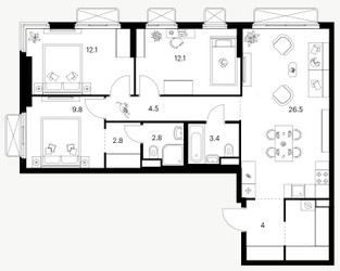 Планировка трехкомнатной(квартира) площадью 83.8 квадратных метров в ЖК “ЖК 2-й Иртышский”