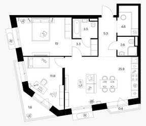 Планировка двухкомнатной(квартира) площадью 74.1 квадратных метров в ЖК “ЖК Саларьево парк”