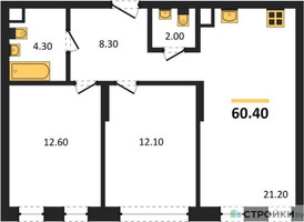 Планировка двухкомнатной(квартира) площадью 60.4 квадратных метров в “ЖК Переделкино Ближнее”