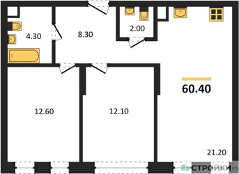 Планировка двухкомнатной(квартира) площадью 60.4 квадратных метров в ЖК “ЖК Переделкино Ближнее”