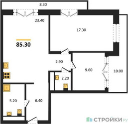 Планировка двухкомнатной(квартира) площадью 85.3 квадратных метров в ЖК “ЖК МОНС”