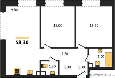 Планировка двухкомнатной(квартира) площадью 58.3 квадратных метров в ЖК “ЖК Shagal (Шагал)”