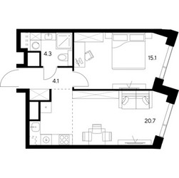 Планировка однокомнатной(квартира) площадью 44.2 квадратных метров в ЖК “ЖК Нексус от Аквилон”