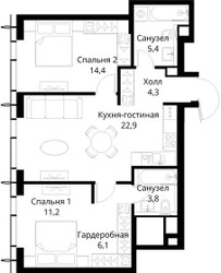 Планировка двухкомнатной(квартира) площадью 68.1 квадратных метров в ЖК “ЖК Сити Бэй”