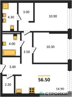 Планировка двухкомнатной(квартира) площадью 56.5 квадратных метров в “ЖК Portland (Портланд)”