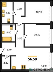 Планировка двухкомнатной(квартира) площадью 56.5 квадратных метров в ЖК “ЖК Portland (Портланд)”