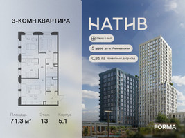 Планировка трехкомнатной(квартира) площадью 71.3 квадратных метров в “ЖК Натив”