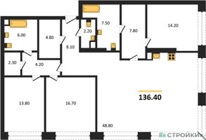 Планировка трехкомнатной(квартира) площадью 136.4 квадратных метров в “ЖК Коллекция Лужники”