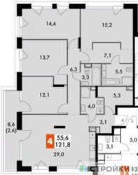 Планировка 4+ комнатной(квартира) площадью 121.8 квадратных метров в ЖК “ЖК The LAKE (Лэйк)”