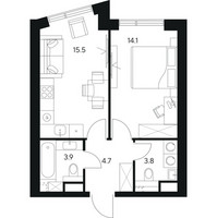 Планировка однокомнатной(квартира) площадью 42 квадратных метров в “ЖК NEXUS by Akvilon (Нексус от Аквилон)”