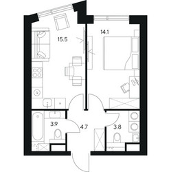 Планировка однокомнатной(квартира) площадью 42 квадратных метров в ЖК “ЖК NEXUS by Akvilon (Нексус от Аквилон)”