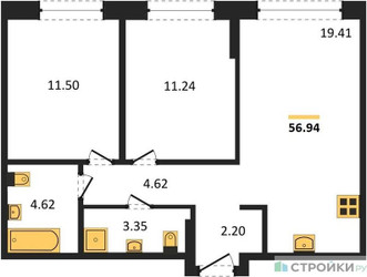 Планировка двухкомнатной(квартира) площадью 56.94 квадратных метров в “ЖК Forst (Форст)”