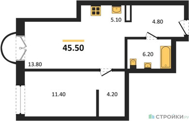 Планировка однокомнатной(квартира) площадью 45.5 квадратных метров в ЖК “ЖК Новые смыслы”