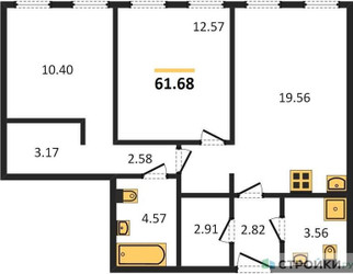Планировка двухкомнатной(квартира) площадью 61.68 квадратных метров в ЖК “ЖК Insider (Инсайдер)”