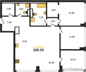 Планировка трехкомнатной(квартира) площадью 104.1 квадратных метров в ЖК “ЖК High Life (Хай Лайф)”