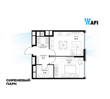 Планировка однокомнатной(квартира) площадью 42.7 квадратных метров в “ЖК Сиреневый парк”