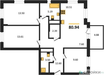 Планировка трехкомнатной(квартира) площадью 80.94 квадратных метров в ЖК “ЖК ВОСТОК II”