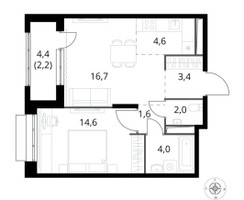 Планировка двухкомнатной(квартира) площадью 49.1 квадратных метров в “ЖК 1-й Саларьевский (Первый Саларьевский)”