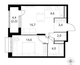 Планировка двухкомнатной(квартира) площадью 49.1 квадратных метров в ЖК “ЖК 1-й Саларьевский (Первый Саларьевский)”