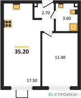 Планировка однокомнатной(квартира) площадью 34.9 квадратных метров в “ЖК Лучи-2”