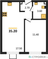 Планировка однокомнатной(квартира) площадью 34.9 квадратных метров в ЖК “ЖК Лучи-2”
