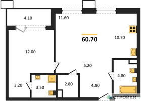 Планировка однокомнатной(квартира) площадью 60.7 квадратных метров в “ЖК Дзен-кварталы”