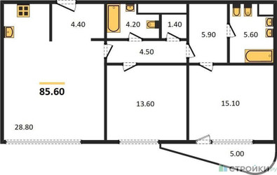 Планировка двухкомнатной(квартира) площадью 85.6 квадратных метров в “ЖК Лаврушинский”