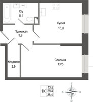 Планировка однокомнатной(квартира) площадью 38.4 квадратных метров в “ЖК КИНОКВАРТАЛ”